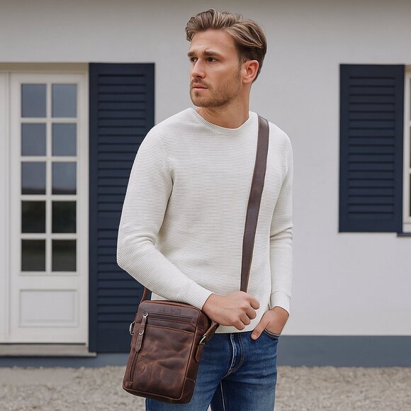 Leather Crossbody Sling Bag in Brown Crunch–Unisex Messenger Shoulder Bag - Picture 2 of 11